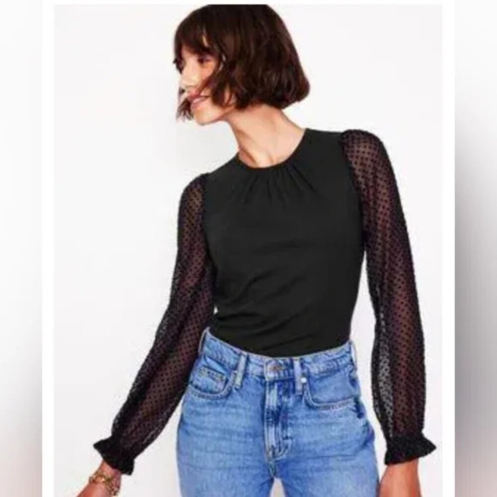 Boden‎ Black Sheer Dot Embroidered Long Sleeve Top